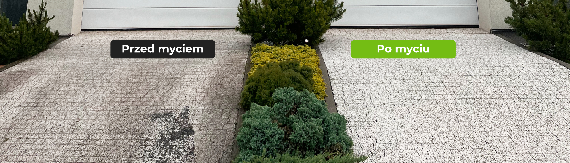 Porównanie zabrudzonej i wyczyszczonej kostki brukowej na podjeździe do garażu.