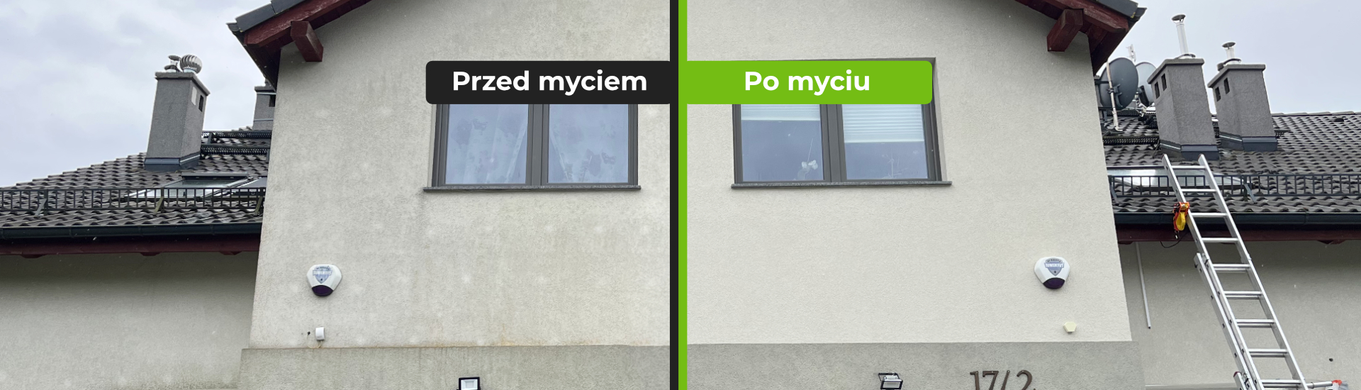 Porównanie jasnej elewacji domu jednorodzinnego: lewa strona przed myciem (zabrudzona, poszarzała), prawa strona po profesjonalnym myciu ciśnieniowym (czysta, jasna). Napisy: Przed myciem i Po myciu.