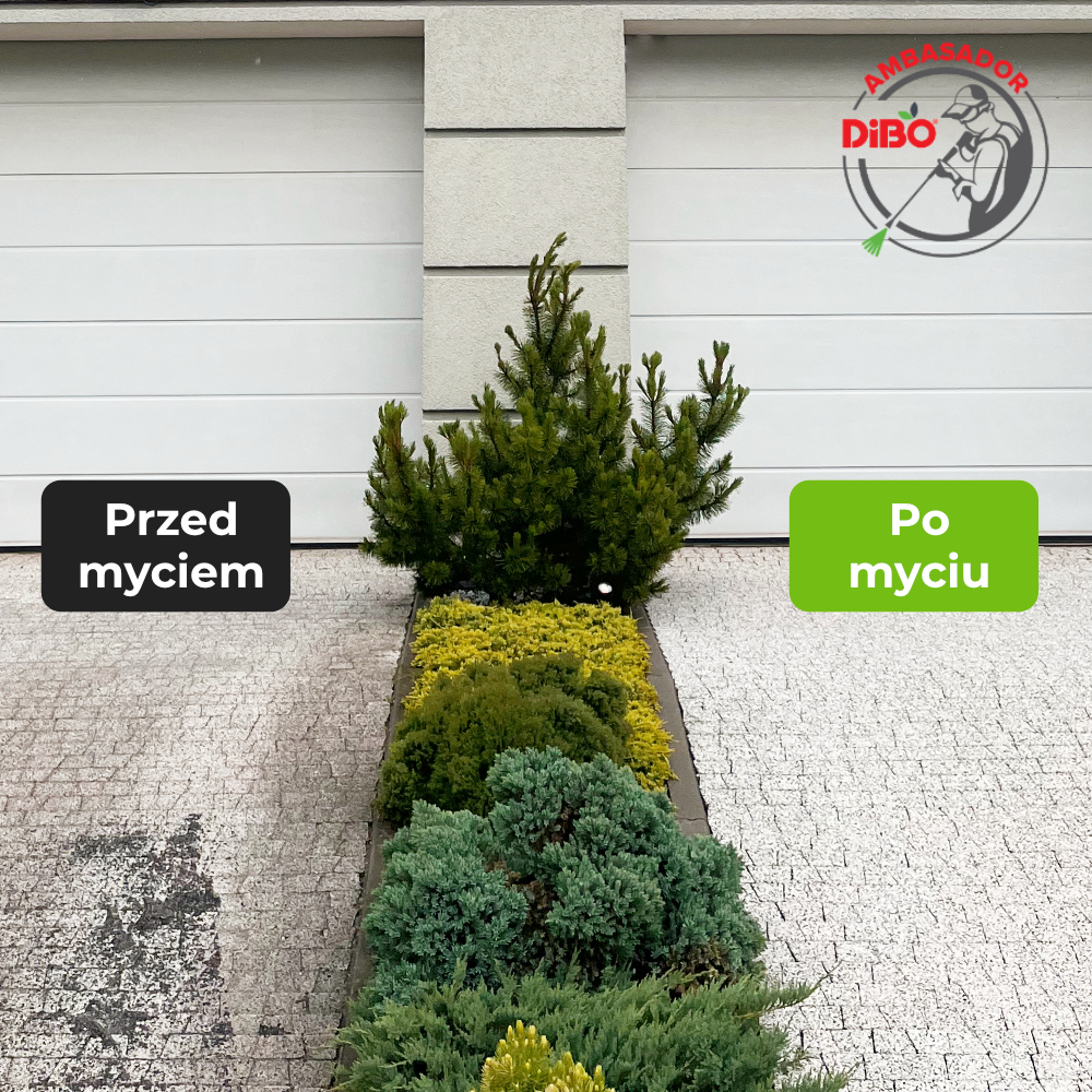 Zbliżenie na podjazd z kostki brukowej przed bramą garażową, podzielony na brudną (przed) i czystą (po) część.