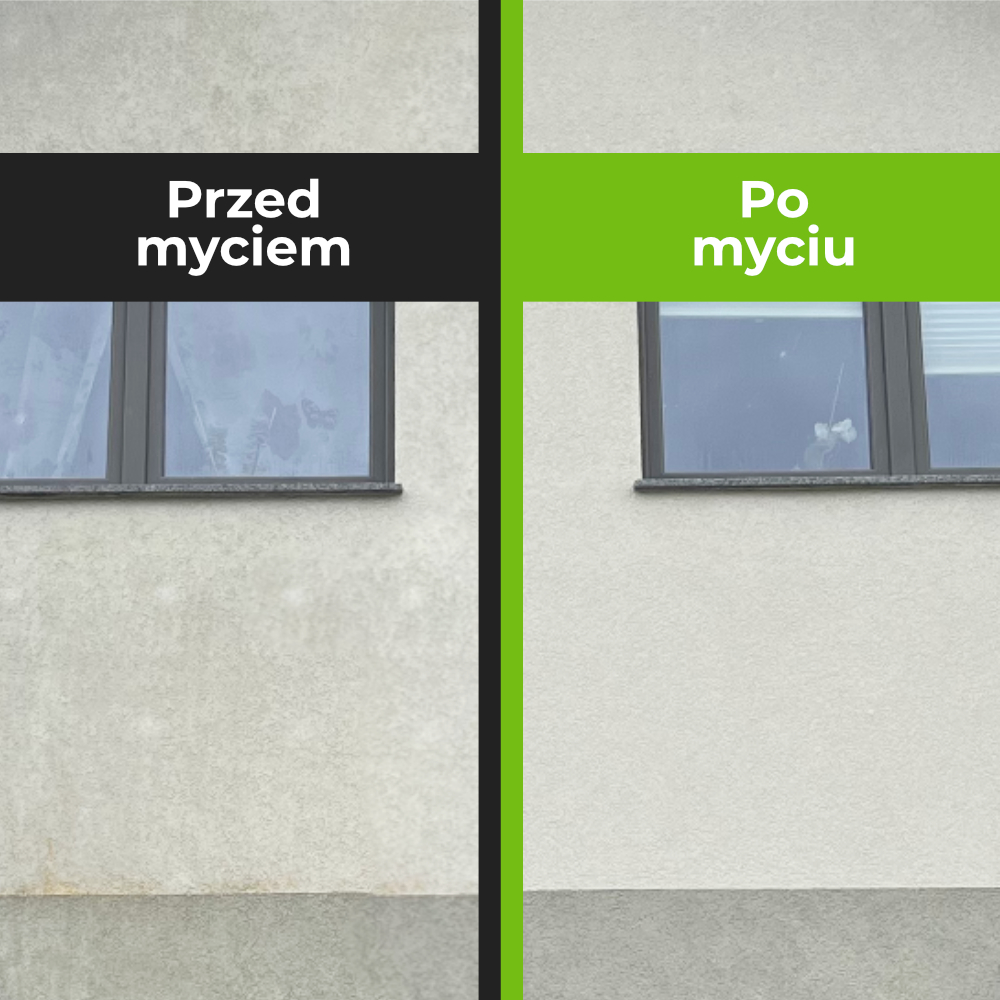 Porównanie zabrudzonej tynkowanej ściany domu (lewa strona) i tej samej ściany po profesjonalnym umyciu (prawa strona).