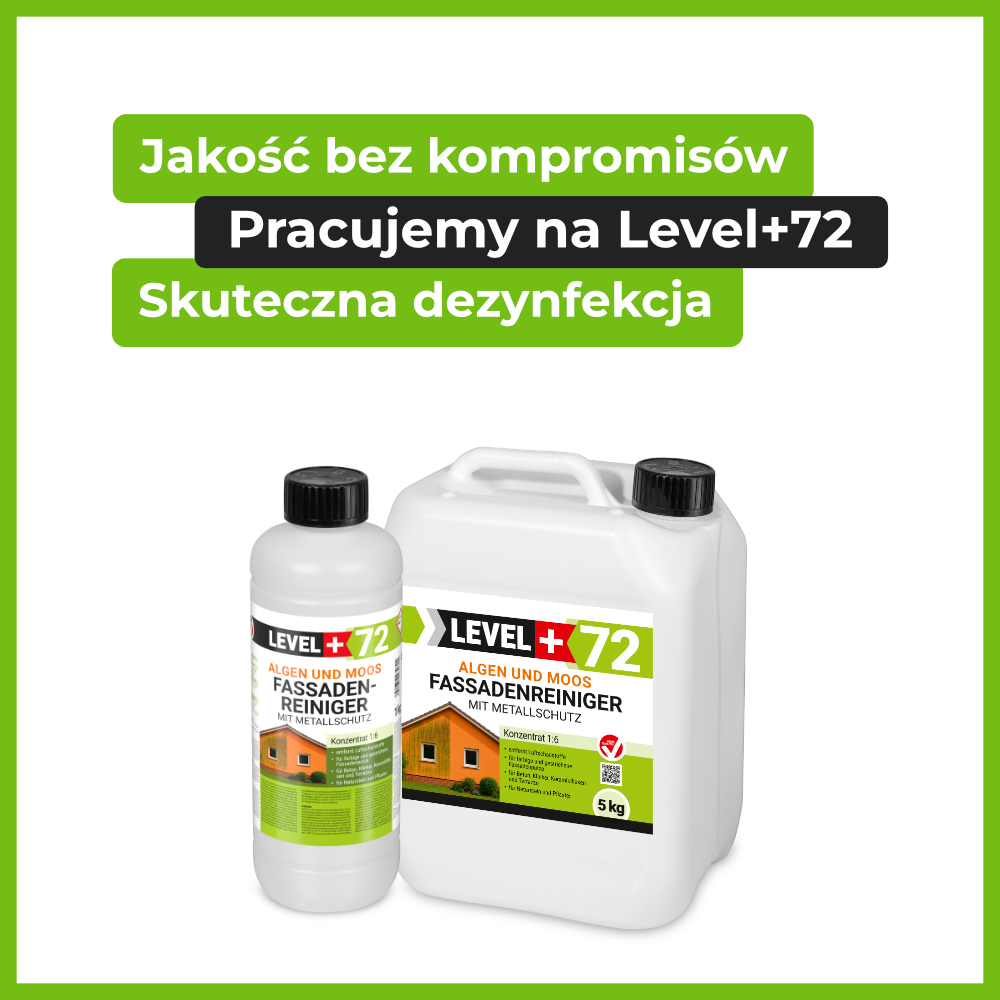Dwa opakowania (butelka i kanister) preparatu Level+72 do czyszczenia elewacji i dezynfekcji.